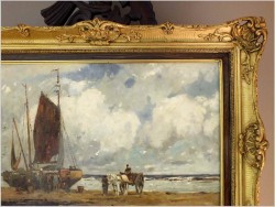 RARYTAS AUKCYJNY! KUTRY PRZY BRZEGU, ROZŁADUNEK KRABÓW - KARL MOHR (DÜSSELDORF 1922-2013)