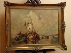 RUDOLF PRIEBE (1889 – 1964) „Kutry rybackie u wybrzeża Morza Północnego” – obraz marynistyczny