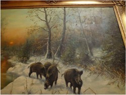 POLECAMY! ZIMOWY PEJZAŻ Z DZIKAMI - L.KLEIN (118cm x 88cm)