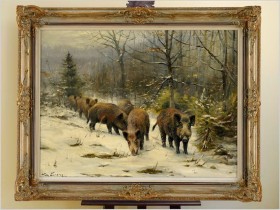 MEGA RARYTAS! ZIMA, DZIKI NA SKRAJU LASU  - WILLI LORENZ *1901r.