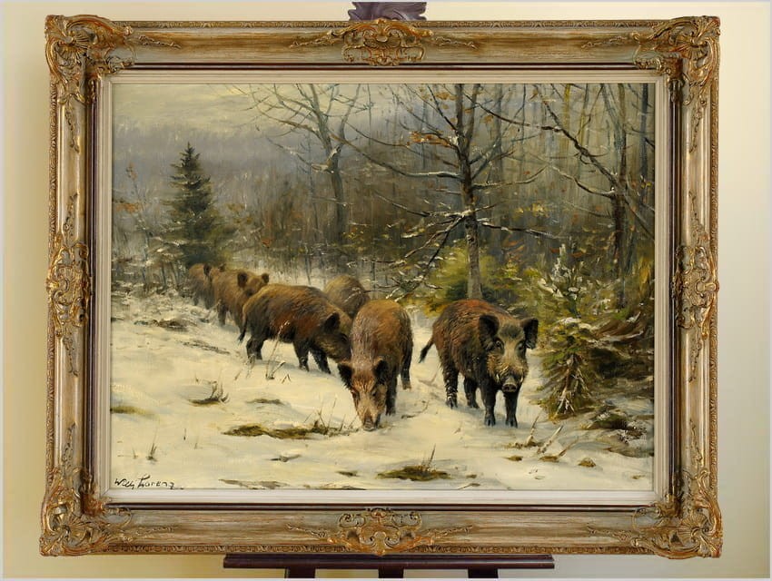 MEGA RARYTAS! ZIMA, DZIKI NA SKRAJU LASU  - WILLI LORENZ *1901r.