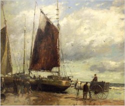 OBRAZ MARYNISTYCZNY! KUTRY PRZY BRZEGU, ROZŁADUNEK KRABÓW  - KARL MOHR (DÜSSELDORF 1922-2013)