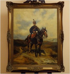 PIĘKNE MALARSTWO BATALISTYCZNE! PORTRET HUZARA NA KONIU - XIXw.