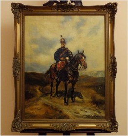 PIĘKNE MALARSTWO BATALISTYCZNE! PORTRET HUZARA NA KONIU - XIXw.