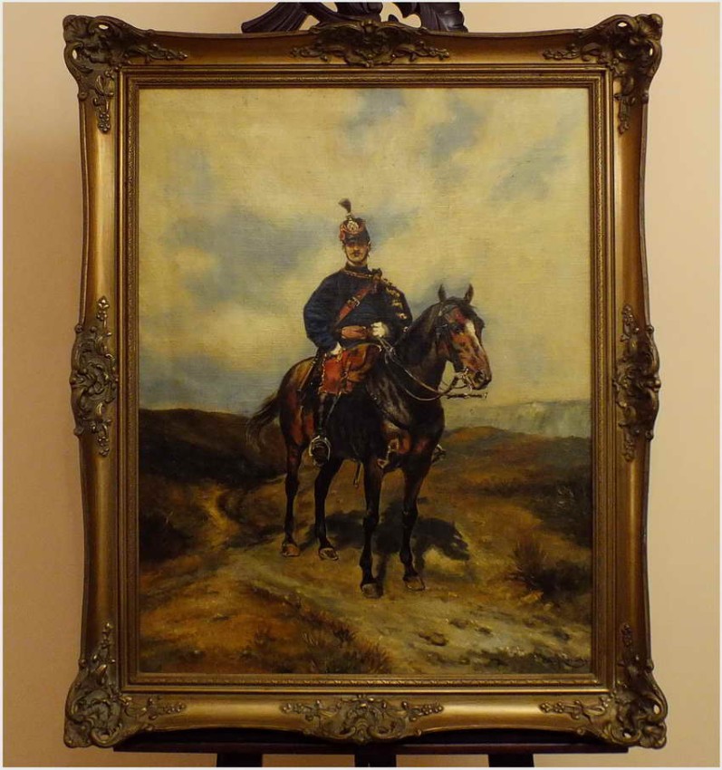 PIĘKNE MALARSTWO BATALISTYCZNE! PORTRET HUZARA NA KONIU - XIXw.