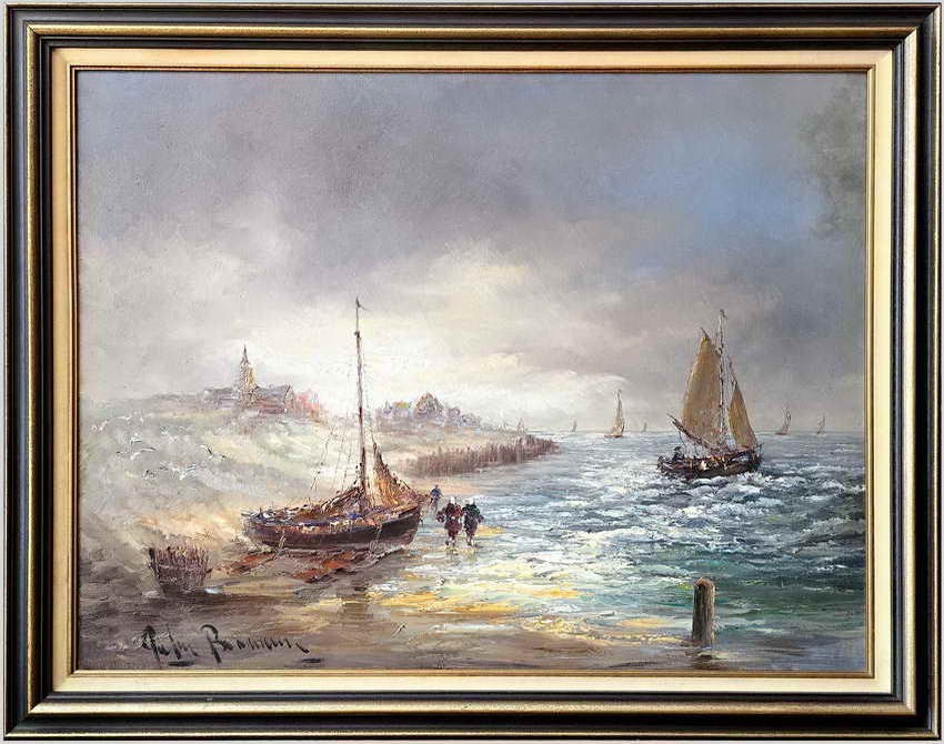 Dobra inwestycja! Łodzie nad brzegiem morza - Peter BROUWER  *1935 ( Certyfikat!)