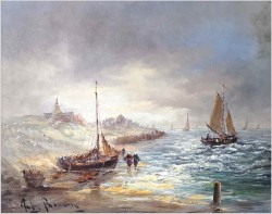 Dobra inwestycja! Łodzie nad brzegiem morza - Peter BROUWER  *1935 ( Certyfikat!)