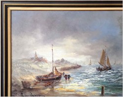 Dobra inwestycja! Łodzie nad brzegiem morza - Peter BROUWER  *1935 ( Certyfikat!)