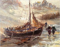 Dobra inwestycja! Łodzie nad brzegiem morza - Peter BROUWER  *1935 ( Certyfikat!)