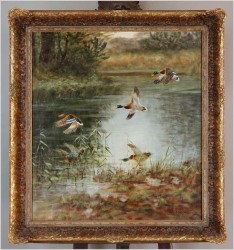 Lądujące dzikie kaczki nad stawem - oryg. Georg Majewicz (1897-1965)