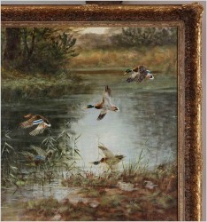 Lądujące dzikie kaczki nad stawem - oryg. Georg Majewicz (1897-1965)