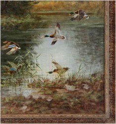 Lądujące dzikie kaczki nad stawem - oryg. Georg Majewicz (1897-1965)