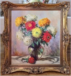 Obraz olejny! Piękne Dalie w szklanym wazonie  -  Helmuth Andreas Volkwein *1920