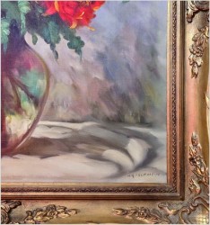 Obraz olejny! Piękne Dalie w szklanym wazonie  -  Helmuth Andreas Volkwein *1920