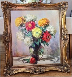 Obraz olejny! Piękne Dalie w szklanym wazonie  -  Helmuth Andreas Volkwein *1920