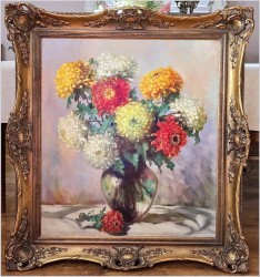 Obraz olejny! Piękne Dalie w szklanym wazonie  -  Helmuth Andreas Volkwein *1920