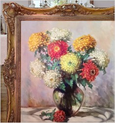 Obraz olejny! Piękne Dalie w szklanym wazonie  -  Helmuth Andreas Volkwein *1920