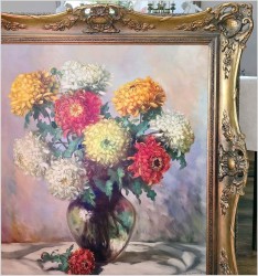 Obraz olejny! Piękne Dalie w szklanym wazonie  -  Helmuth Andreas Volkwein *1920