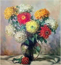 Obraz olejny! Piękne Dalie w szklanym wazonie  -  Helmuth Andreas Volkwein *1920