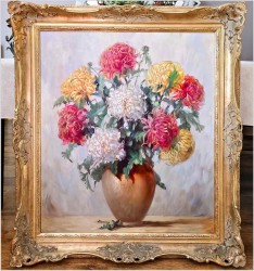 Wyjątkowe Malarstwo Pałacowe! Chryzantemy - Helmuth Andreas Volkwein (1920 - 2004)