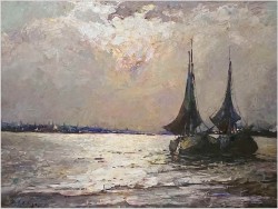 Nokturn! Łodzie żaglowe na pełnym morzu - Helmut Kaluza (1912-1984)