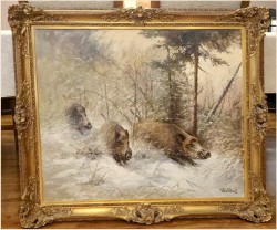 Polecamy! Zimowy  pejzaż z watahą dzików - Prof. Werner Scholl (1911-1980)