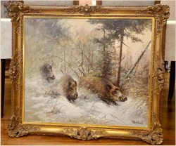 Polecamy! Zimowy  pejzaż z watahą dzików - Prof. Werner Scholl (1911-1980)