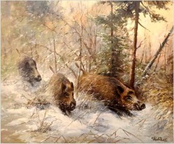 Polecamy! Zimowy  pejzaż z watahą dzików - Prof. Werner Scholl (1911-1980)