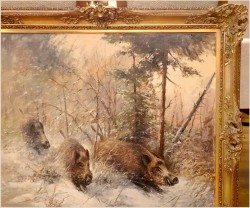 Polecamy! Zimowy  pejzaż z watahą dzików - Prof. Werner Scholl (1911-1980)