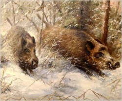 Polecamy! Zimowy  pejzaż z watahą dzików - Prof. Werner Scholl (1911-1980)