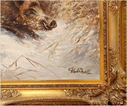 Polecamy! Zimowy  pejzaż z watahą dzików - Prof. Werner Scholl (1911-1980)