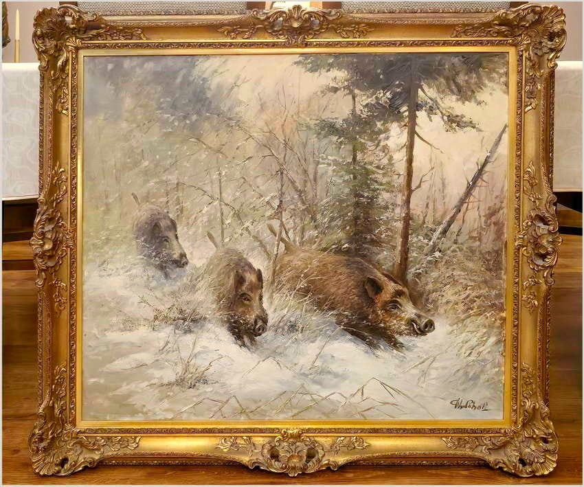 Polecamy! Zimowy  pejzaż z watahą dzików - Prof. Werner Scholl (1911-1980)