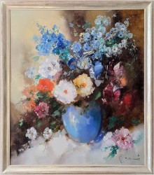 Malarstwo szpachlowe! Barwna kompozycja kwiatowa - Henze P. Morro (1925-2013) Rozmiar XXL