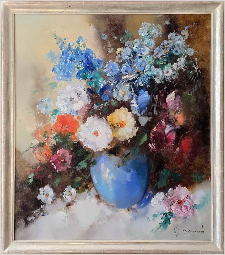 Malarstwo szpachlowe! Barwna kompozycja kwiatowa - Henze P. Morro (1925-2013) Rozmiar XXL