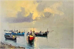 Łodzie w blasku porannego słońca - Franco Pergal *1905