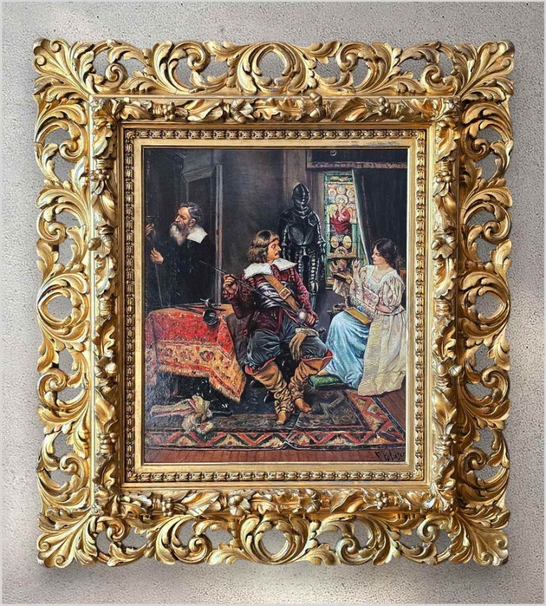 Ażurowa złocona rama! Scena we wnętrzu - Francesco Peluso (Neapol 1836 – 1916)