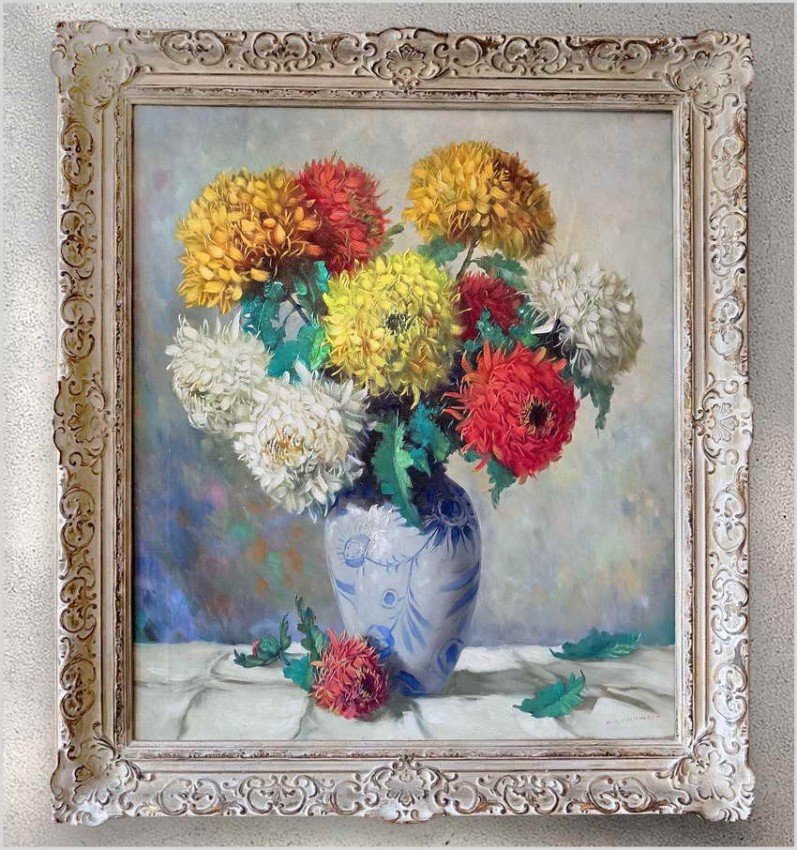 Wyjątkowe Malarstwo Olejne! Chryzantemy - Helmuth Andreas Volkwein (1920 - 2004)