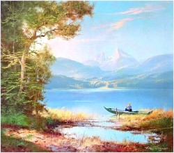 Dobre Malarstwo Romantyczne! Jezioro z widokiem na Watzmann - Hans Wagner *1924