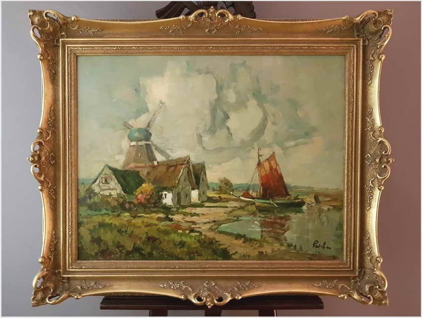 Malarstwo Marynistyczne! Łodzie Przy Brzegu z Wiatrakiem - Rudolf Priebe (Kiew 1889-1964 Hamburg)