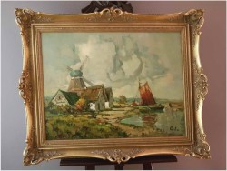 Malarstwo Marynistyczne! Łodzie Przy Brzegu z Wiatrakiem - Rudolf Priebe (Kiew 1889-1964 Hamburg)