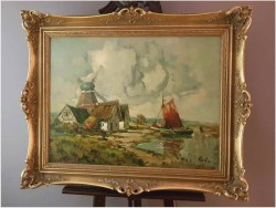 Malarstwo Marynistyczne! Łodzie Przy Brzegu z Wiatrakiem - Rudolf Priebe (Kiew 1889-1964 Hamburg)