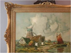 Malarstwo Marynistyczne! Łodzie Przy Brzegu z Wiatrakiem - Rudolf Priebe (Kiew 1889-1964 Hamburg)