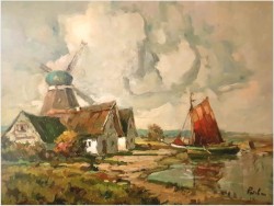 Malarstwo Marynistyczne! Łodzie Przy Brzegu z Wiatrakiem - Rudolf Priebe (Kiew 1889-1964 Hamburg)