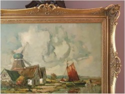 Malarstwo Marynistyczne! Łodzie Przy Brzegu z Wiatrakiem - Rudolf Priebe (Kiew 1889-1964 Hamburg)