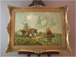 Malarstwo Marynistyczne! Łodzie Przy Brzegu z Wiatrakiem - Rudolf Priebe (Kiew 1889-1964 Hamburg)