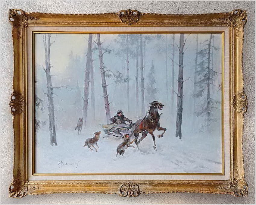 Atak wilków w zimowej scenerii - Wacław Baranowski (1904-1997)