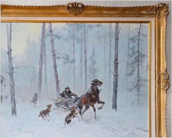 Atak wilków w zimowej scenerii - Wacław Baranowski (1904-1997)