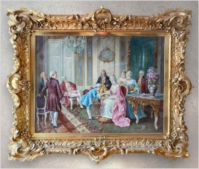 Scena rokoko z rama złoconą i brązowaną w stylu Ludwika XV - A. Baekert XIXw. (140cm x 115cm) 