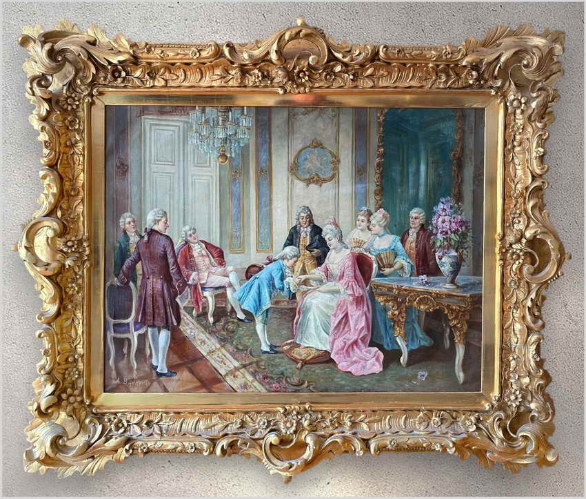 Scena rokoko z rama złoconą i brązowaną w stylu Ludwika XV - A. Baekert XIXw. (140cm x 115cm) 