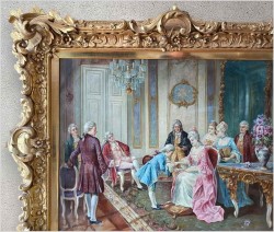 Scena rokoko z rama złoconą i brązowaną w stylu Ludwika XV - A. Baekert XIXw. (140cm x 115cm) 